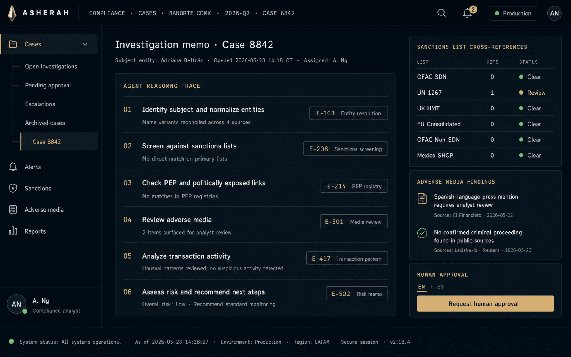 KYC and AML investigation copilot: case dossier with bilingual reasoning trace and human-approval block.